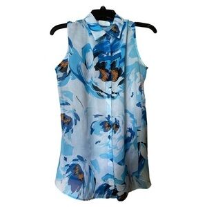 La Palapa Floral Blouse Sleeveless Sheer Vtg USA‎ Blue Womens Medium